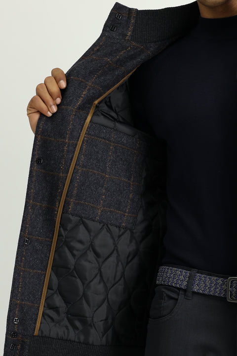 Dark Anthracite Slim Fit Narrow Cut Plaid Wool Bomber Jacket
