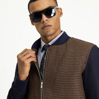 Dark Navy Slim Fit Narrow Cut Houndstooth Sport Wool Bomber Jacket
