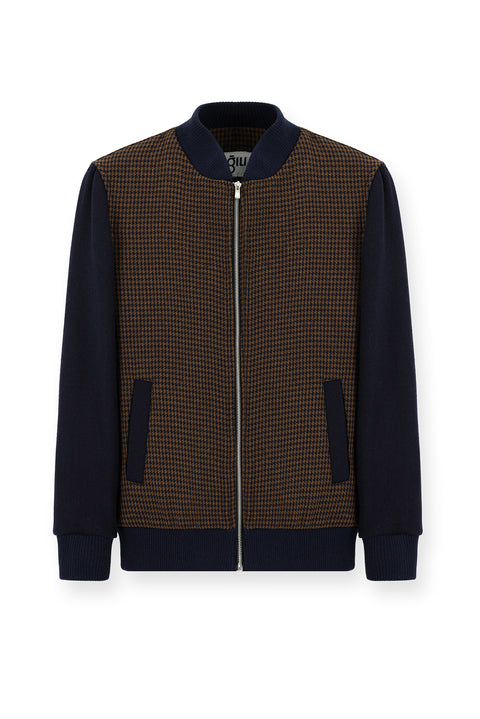 Dark Navy Slim Fit Narrow Cut Houndstooth Sport Wool Bomber Jacket