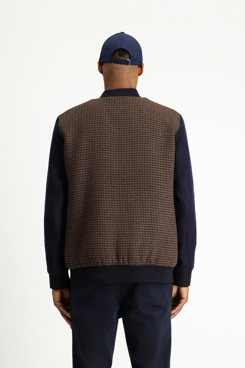 Dark Navy Slim Fit Narrow Cut Houndstooth Sport Wool Bomber Jacket