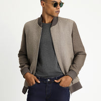 Dark Mink Slim Fit Narrow Cut Houndstooth Sport Wool Bomber Jacket