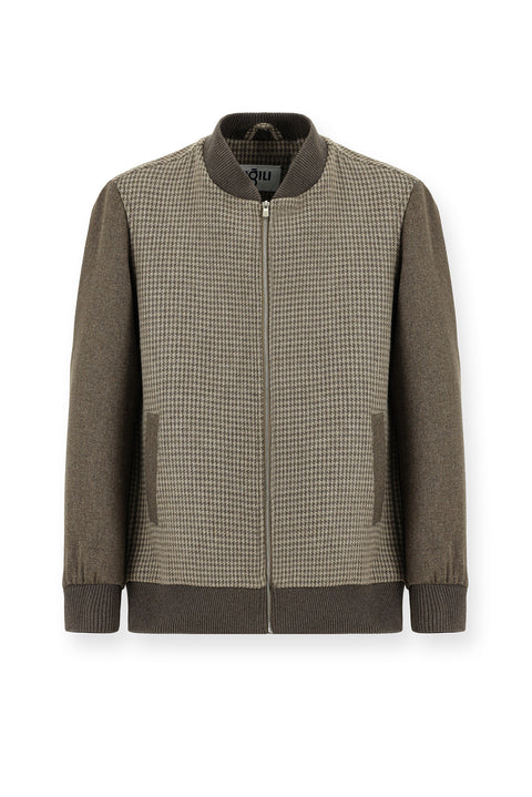 Dark Mink Slim Fit Narrow Cut Houndstooth Sport Wool Bomber Jacket