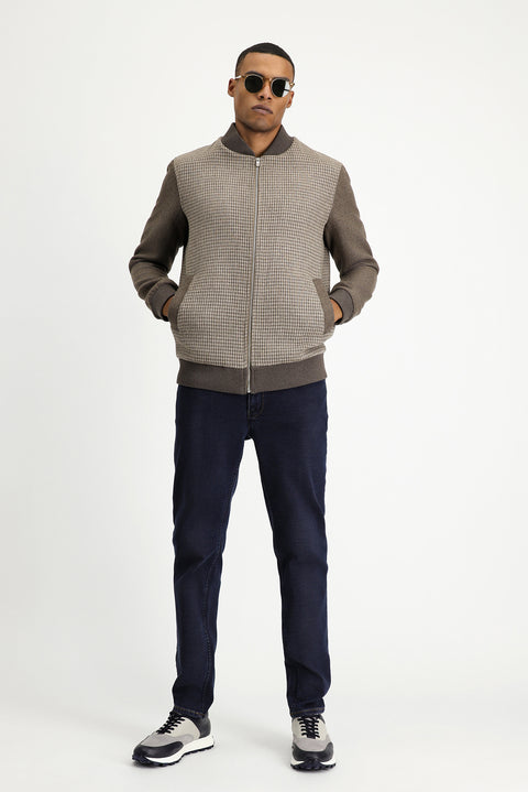 Dark Mink Slim Fit Narrow Cut Houndstooth Sport Wool Bomber Jacket