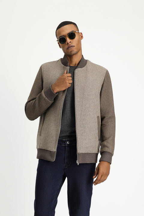 Dark Mink Slim Fit Narrow Cut Houndstooth Sport Wool Bomber Jacket