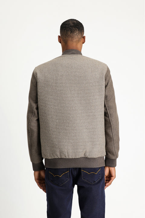 Dark Mink Slim Fit Narrow Cut Houndstooth Sport Wool Bomber Jacket