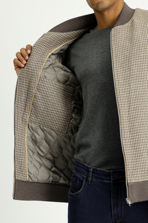 Dark Mink Slim Fit Narrow Cut Houndstooth Sport Wool Bomber Jacket