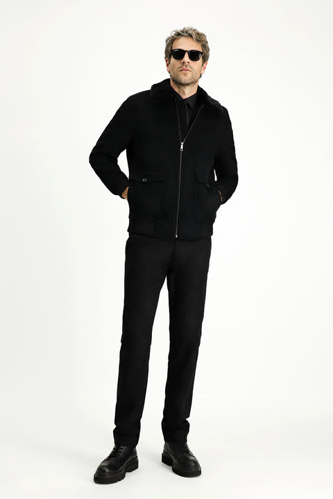 Black Fur Collar Wool Bomber Jacket