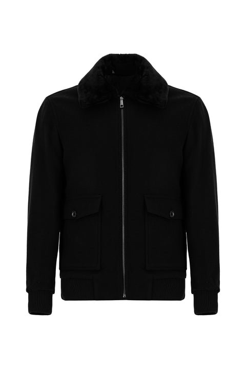 Black Fur Collar Wool Bomber Jacket