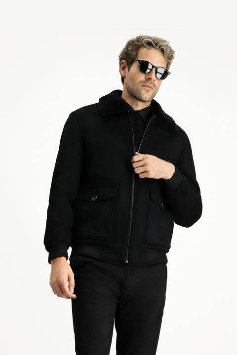 Black Fur Collar Wool Bomber Jacket