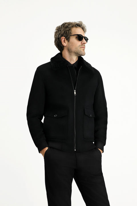 Black Fur Collar Wool Bomber Jacket