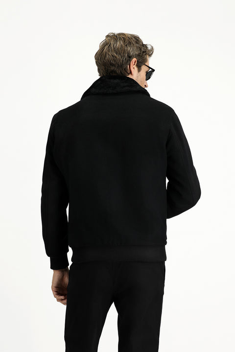 Black Fur Collar Wool Bomber Jacket