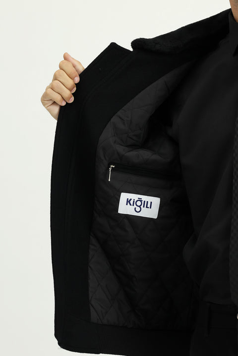 Black Fur Collar Wool Bomber Jacket