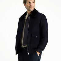 Dark Navy Fur Collar Wool Bomber Jacket