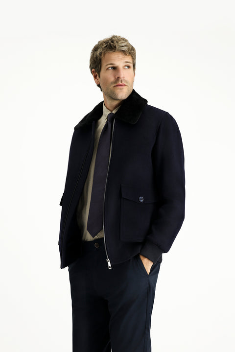 Dark Navy Fur Collar Wool Bomber Jacket