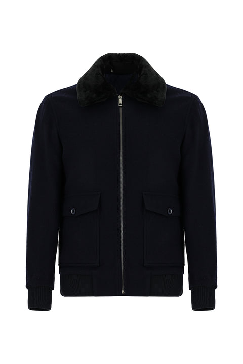 Dark Navy Fur Collar Wool Bomber Jacket