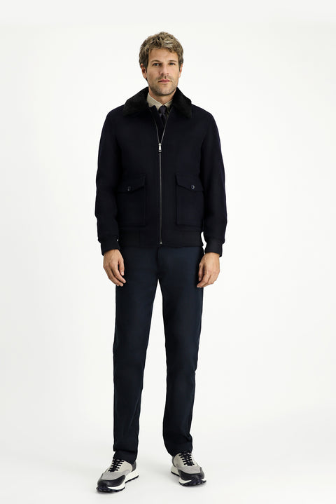Dark Navy Fur Collar Wool Bomber Jacket