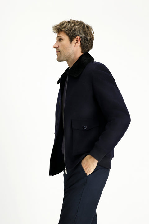 Dark Navy Fur Collar Wool Bomber Jacket