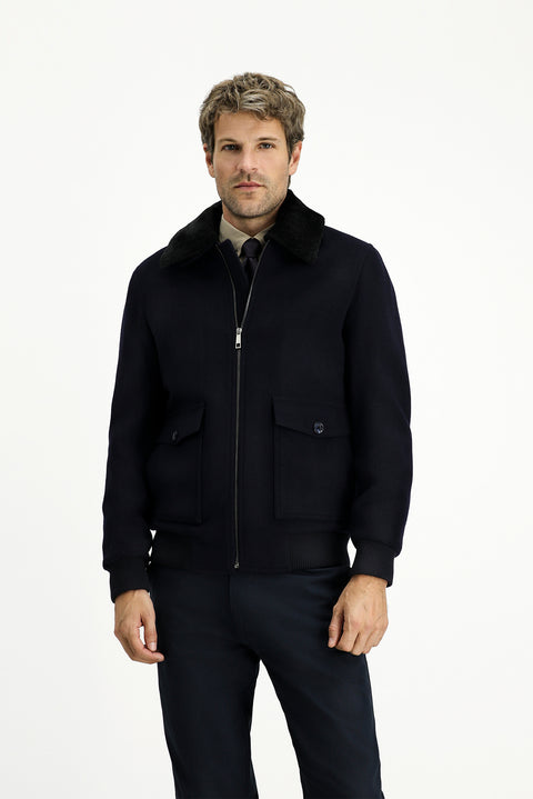 Dark Navy Fur Collar Wool Bomber Jacket