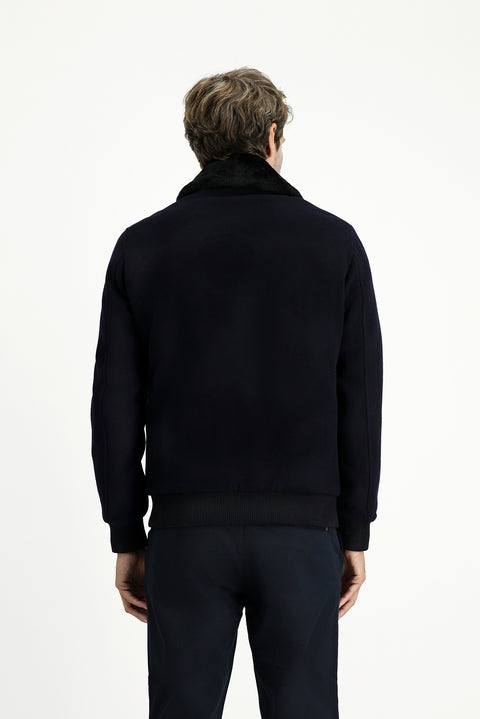 Dark Navy Fur Collar Wool Bomber Jacket