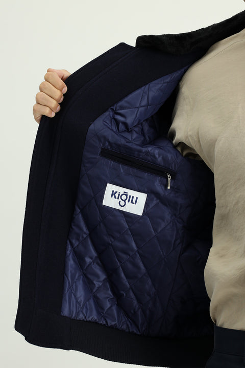 Dark Navy Fur Collar Wool Bomber Jacket