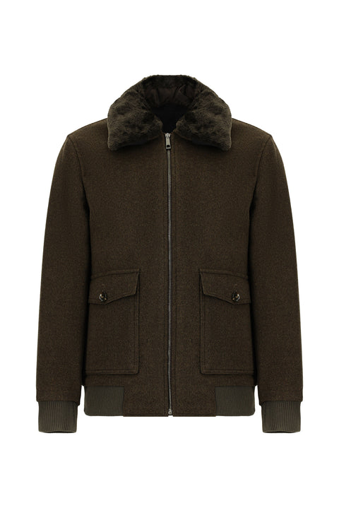 Dark Brown Fur Collar Wool Bomber Jacket