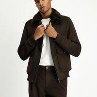 Dark Brown Fur Collar Wool Bomber Jacket