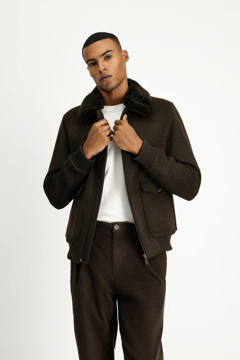 Dark Brown Fur Collar Wool Bomber Jacket