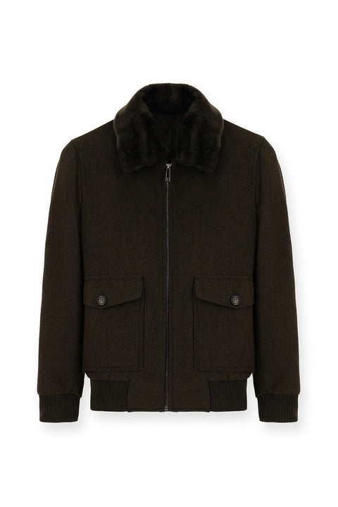 Dark Brown Fur Collar Wool Bomber Jacket