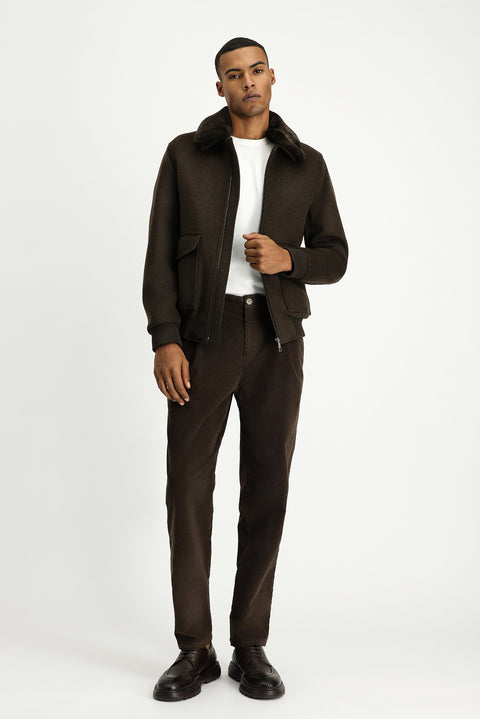 Dark Brown Fur Collar Wool Bomber Jacket