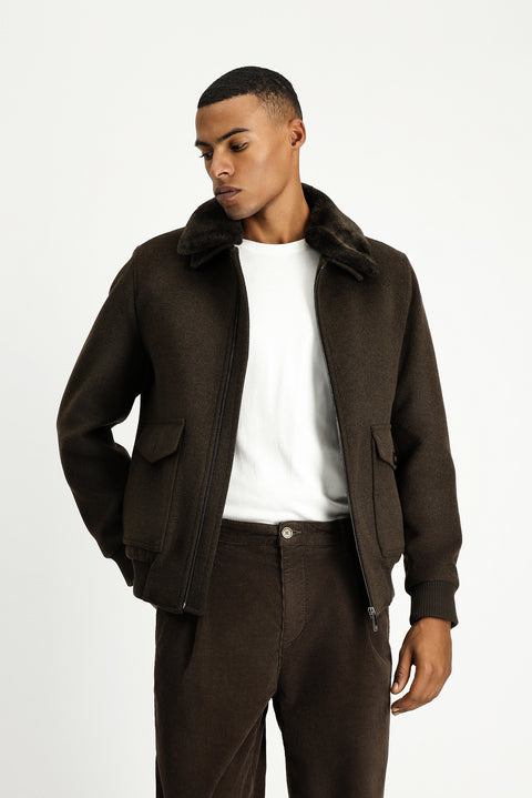 Dark Brown Fur Collar Wool Bomber Jacket