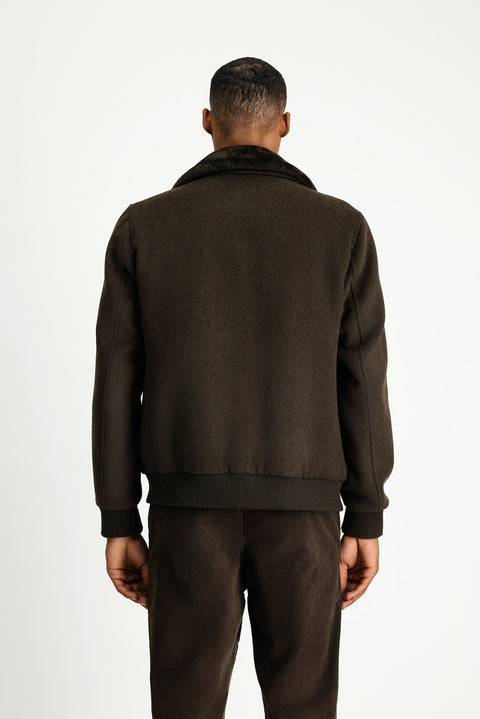 Dark Brown Fur Collar Wool Bomber Jacket