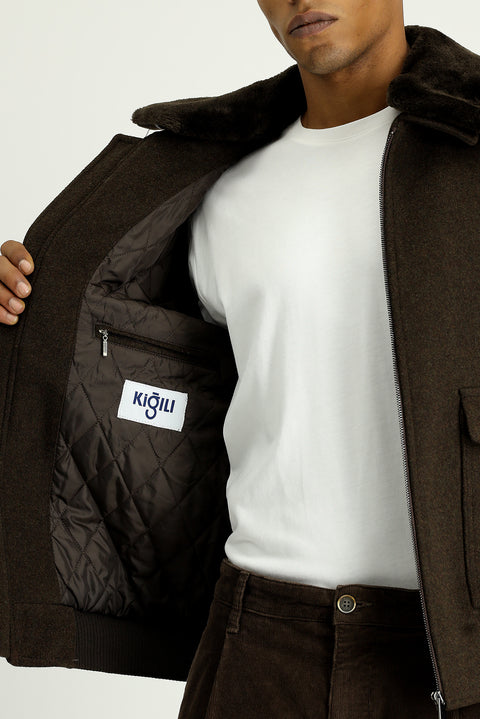 Dark Brown Fur Collar Wool Bomber Jacket