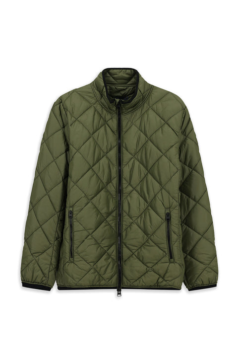 Medium Khaki Stand Collar Windproof Quilted Sport Jacket with Zipper and Pockets