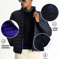 Dark Navy Stand Collar Zippered Pocket Windproof Warm Quilted Sport Jacket