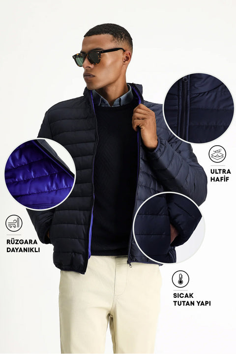 Dark Navy Stand Collar Zippered Pocket Windproof Warm Quilted Sport Jacket