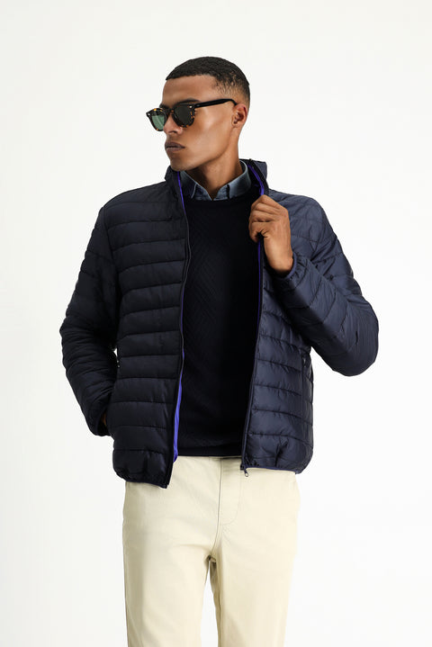 Dark Navy Stand Collar Zippered Pocket Windproof Warm Quilted Sport Jacket