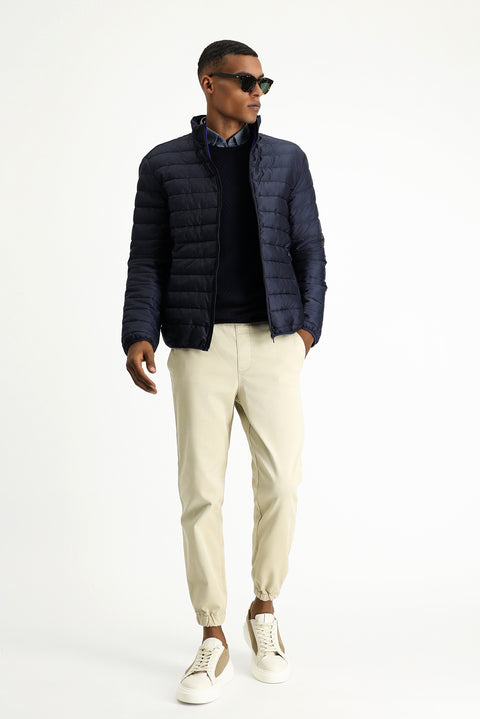 Dark Navy Stand Collar Zippered Pocket Windproof Warm Quilted Sport Jacket