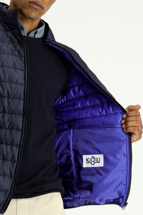 Dark Navy Stand Collar Zippered Pocket Windproof Warm Quilted Sport Jacket