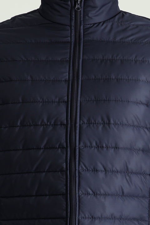 Dark Navy Stand Collar Zippered Pocket Windproof Warm Quilted Sport Jacket