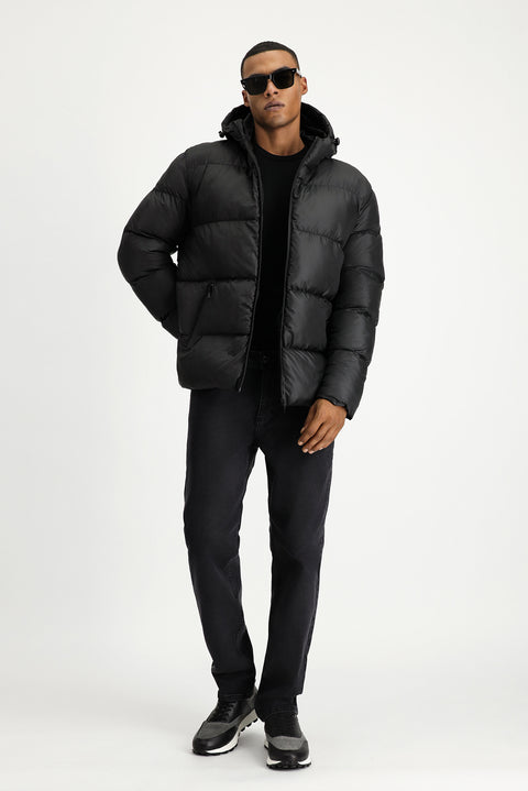 Black Slim Fit Narrow Cut Hooded Sport Puffer Jacket