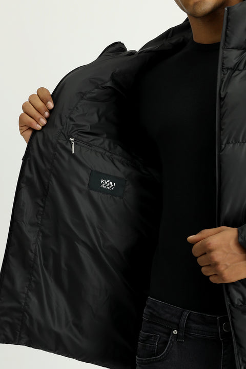 Black Slim Fit Narrow Cut Hooded Sport Puffer Jacket