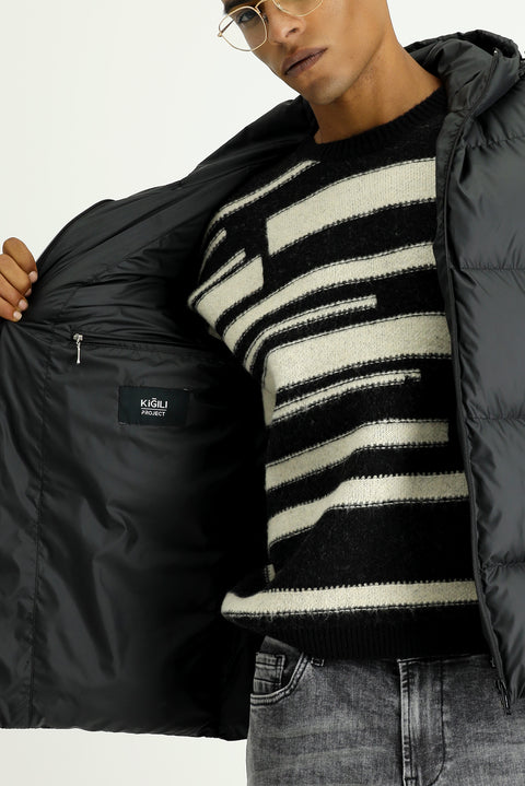 Black Slim Fit Narrow Cut Hooded Sport Puffer Jacket