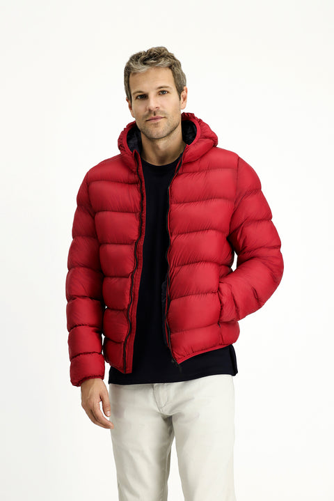 Dark Red Hooded Sport Puffer Jacket with Bag