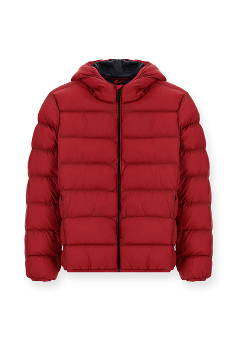 Dark Red Hooded Sport Puffer Jacket with Bag