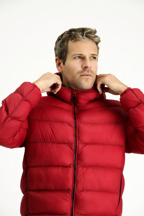 Dark Red Hooded Sport Puffer Jacket with Bag