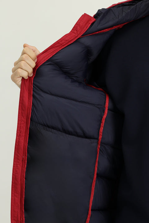 Dark Red Hooded Sport Puffer Jacket with Bag