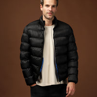Black Stand Collar Zippered Pocket Windproof Sport Puffer Jacket with Bag