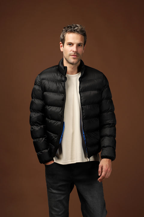 Black Stand Collar Zippered Pocket Windproof Sport Puffer Jacket with Bag