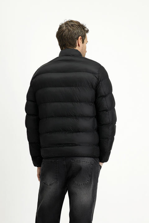 Black Stand Collar Zippered Pocket Windproof Sport Puffer Jacket with Bag