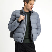Light Grey Stand Collar Windproof Sport Puffer Jacket with Zipper and Pockets